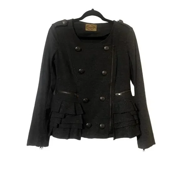 Deja Vu Jacket S Gray Military Ruffled Hem Edgy Chic - Picture 2 of 7